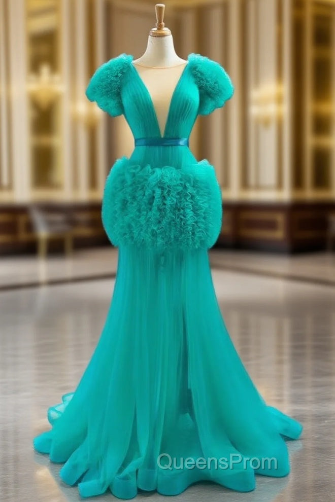 Find Your Dress For Evening Prom! Green Mermaid Tulle Reffuls Pleats Long Evening Prom Dress Main image