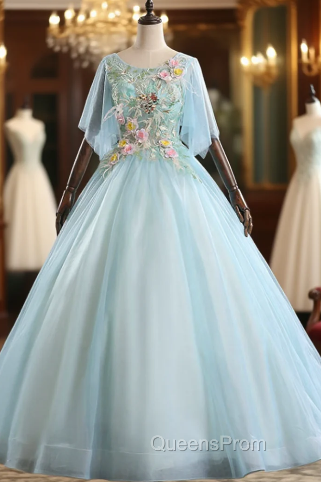Find Your Dress For Evening Prom! Light Blue Ball Gown Tulle Short Sleeve Appliques Quinceanera Dress Main image