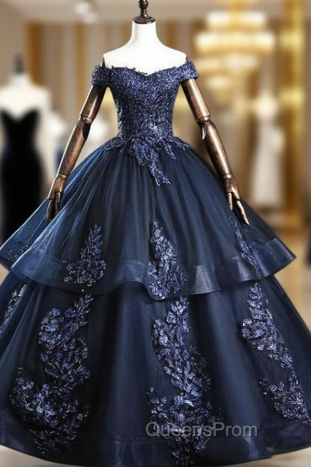 Find Your Dress For Evening Prom! Navy Blue Ball Gown Tulle Appliques Off the Shoulder Beading Quinceanera Dress Main image