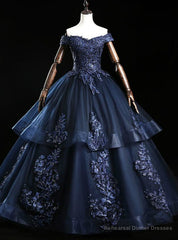 Find Your Dress For Prom! Navy Blue Ball Gown Tulle Appliques Off the Shoulder Beading Quinceanera Dress