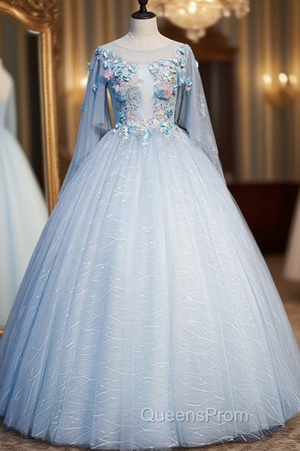 Find Your Dress For Evening Prom! Sky Blue Ball Gown Tulle Appliques 3/4 Sleeve Quinceanera Dress Main image
