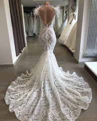 Fit and Flare Lace Crystals Necklace Wedding Dress Open Back Bridal Gowns with Feather