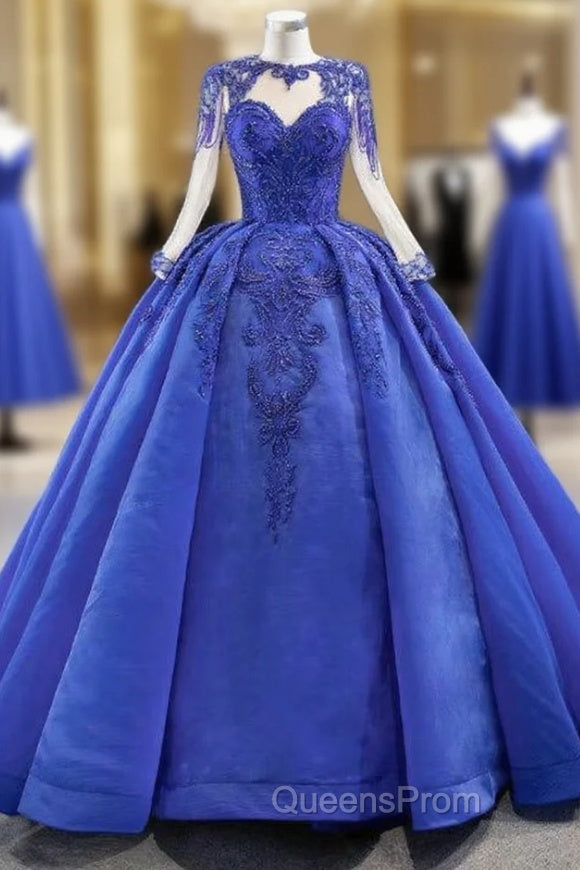 Fit Your Body Type Royal Blue Ball Gown Organza Beading Long Sleeve Evening Prom Dress Main image