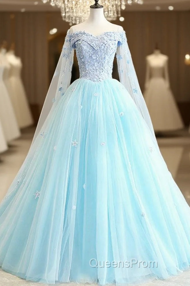 Fit Your Fashion Sense Light Blue Ball Gown Tulle Off the Shoulder Appliques Quinceanera Dress Main image