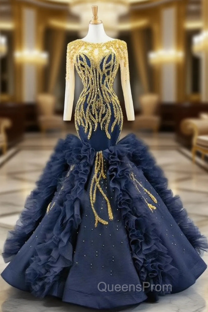 Fit Your Fashion Sense Navy Blue Mermaid Long Sleeve Satin Tulle Beading Evening Prom Dress