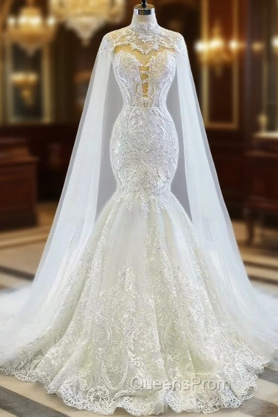 Fit Your Fashion Sense White Mermaid Tulle Lace Appliques Backless Wedding Dress Shawl Main image