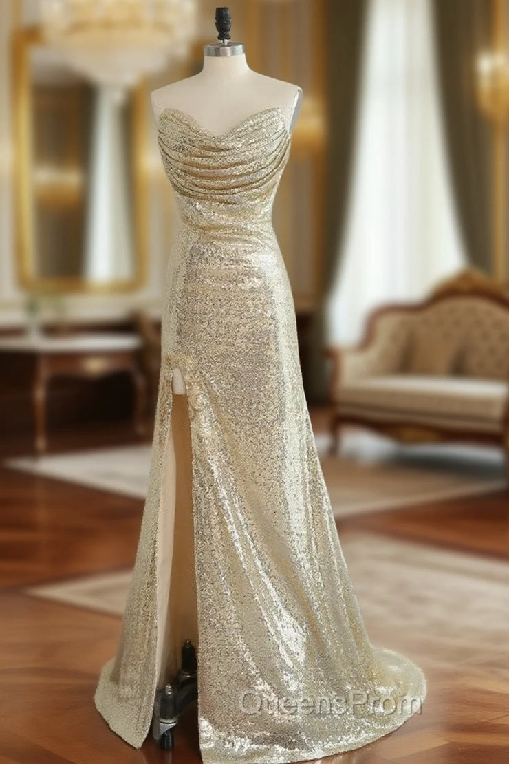 Fitted Light Gold Sexy High Split Evening Prom Dress Mermaid Sweetheart Main image
