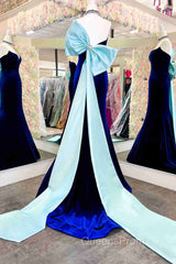 Fitted Mermaid Royal Blue Velvet Evening Prom Dress With Bow