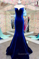 Fitted Mermaid Royal Blue Velvet Evening Prom Dress With Bow