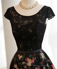 Black Lace Floral Patterns Long Prom Dress, Black Evening Dress