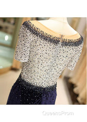 Fleece & Lace Scoop Short Sleeve Mermaid Evening Dress