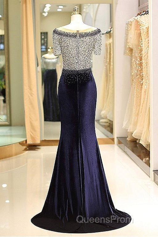 Fleece & Lace Scoop Short Sleeve Mermaid Evening Dress