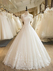 Floor Length Applique Ball Gown Off the Shoulder Lace Tulle 1/2 Sleeves Wedding Dress