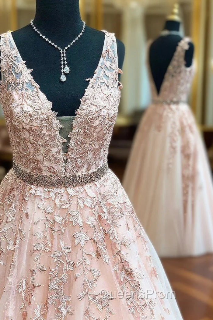 Floor Length Blush Pink Evening Prom Dress With Lace Appliques Main image