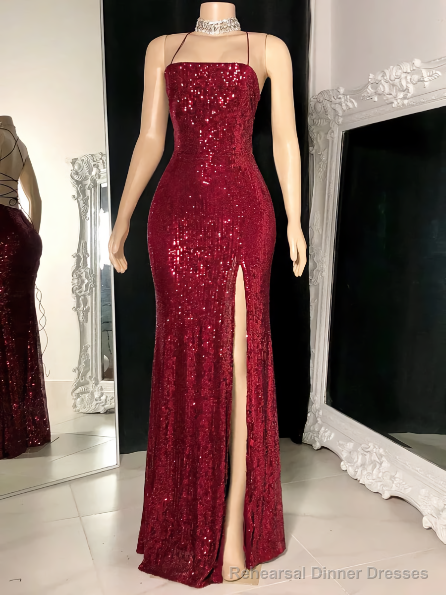 Floor Length Burgundy Sequin Long Evening Dresses Main image
