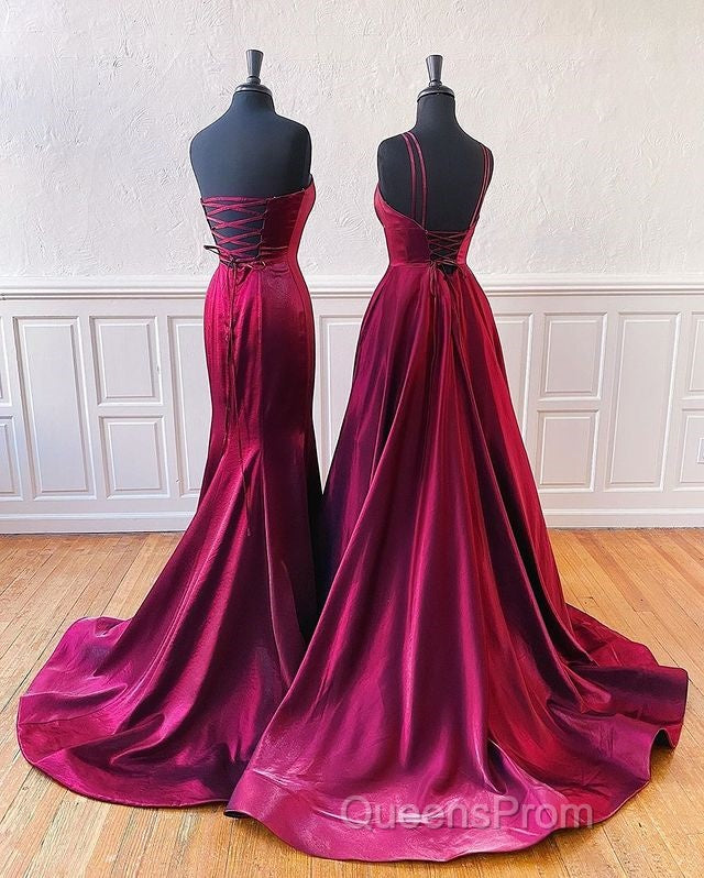 Floor Length Long Satin Burgundy Evening Prom Dress With Split