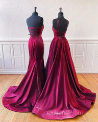 Floor Length Long Satin Burgundy Evening Prom Dress With Split
