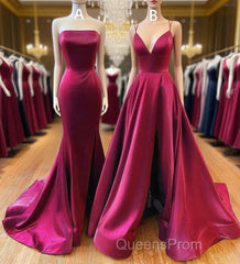 Floor Length Long Satin Burgundy Evening Prom Dress With Split