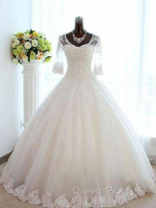 Floor Length Tulle Ball Gown Beading V neck 3/4 Sleeves Bateau Wedding Dress