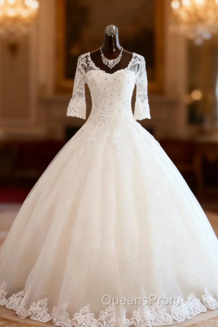 Floor Length Tulle Ball Gown Beading V neck 3/4 Sleeves Bateau Wedding Dress