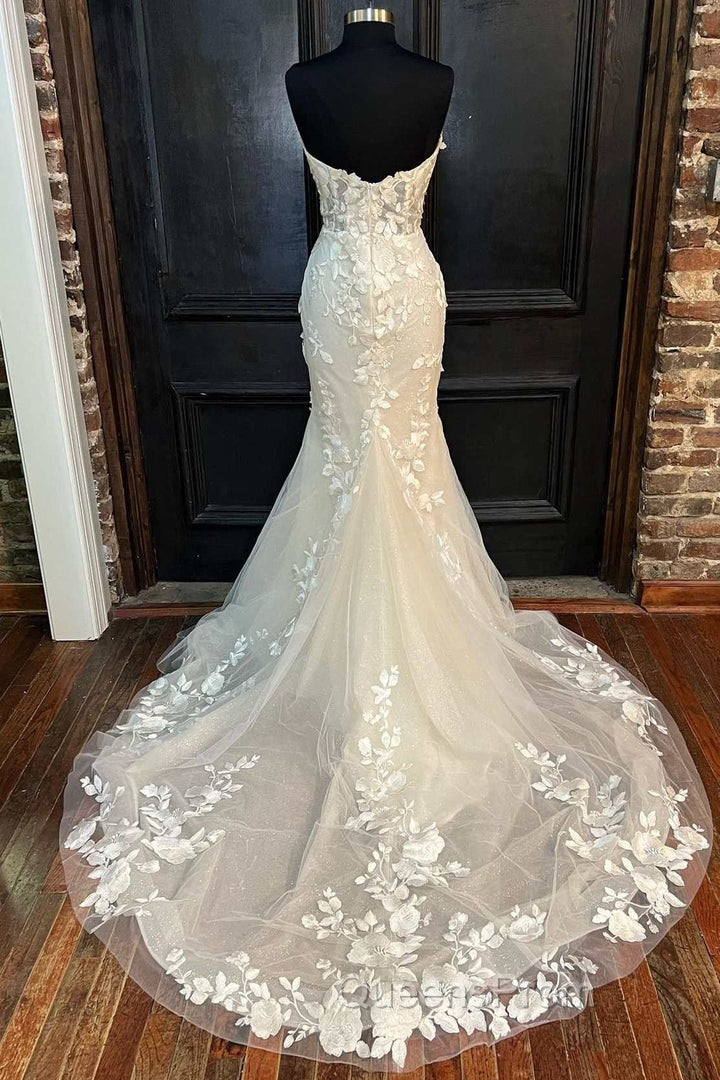 Floral Lace Strapless Mermaid Long Bridal Gown Wedding Dress Off Shoulder