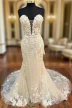Floral Lace Strapless Mermaid Long Bridal Gown Wedding Dress Off Shoulder