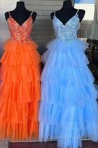 Floral Lace V-Neck Multi-Tiered A-Line Evening Prom Dress