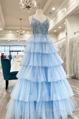 Floral Lace V-Neck Multi-Tiered A-Line Evening Prom Dress