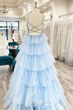 Floral Lace V-Neck Multi-Tiered A-Line Evening Prom Dress