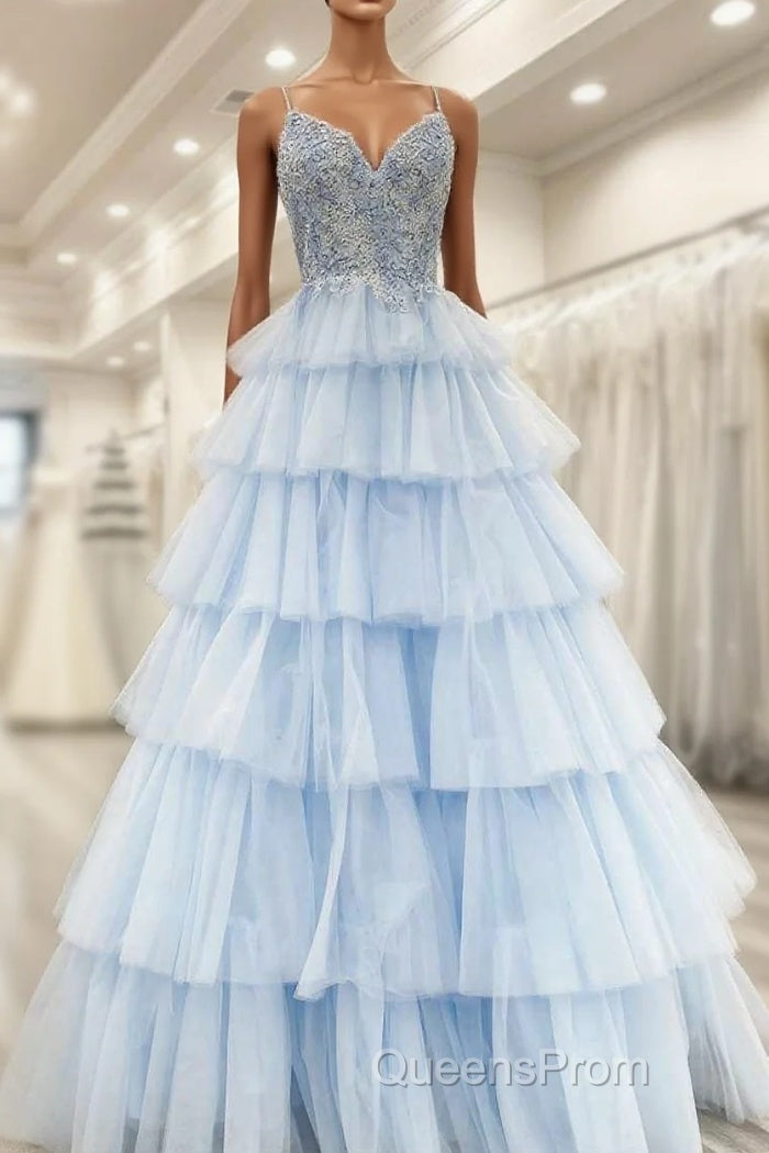 Floral Lace V-Neck Multi-Tiered A-Line Evening Prom Dress Main image