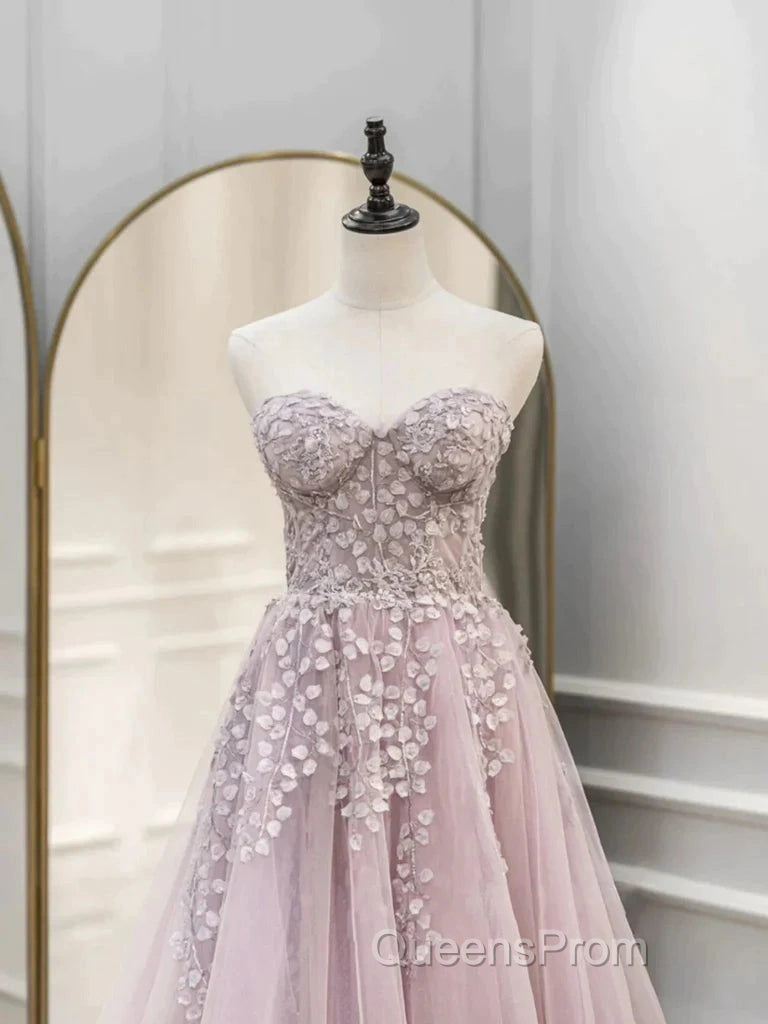 Floral Strapless Pink Lace Appliques Long Evening Prom Dress