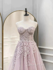 Floral Strapless Pink Lace Appliques Long Evening Prom Dress