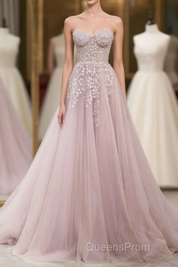 Floral Strapless Pink Lace Appliques Long Evening Prom Dress