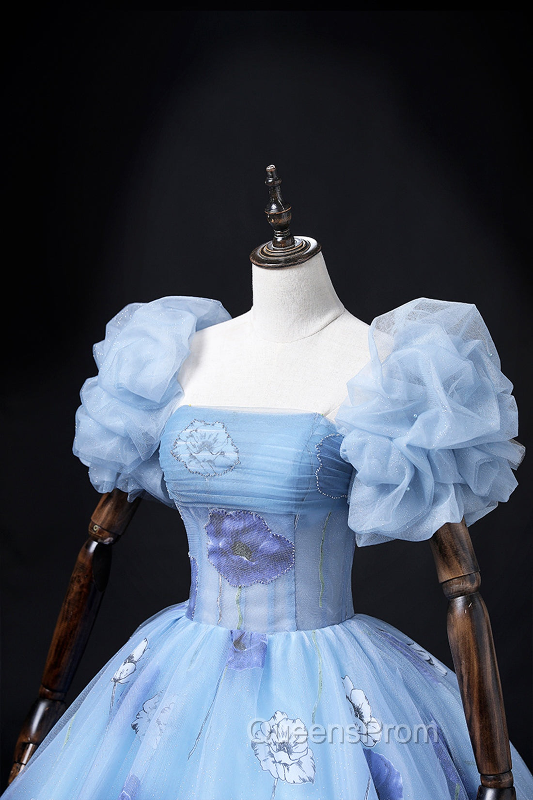 Floral Tulle Long Evening Prom Dress, Blue Short Sleeve Evening Dress Secondary image