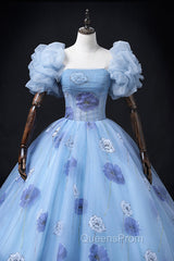 Floral Tulle Long Evening Prom Dress, Blue Short Sleeve Evening Dress