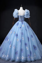 Floral Tulle Long Evening Prom Dress, Blue Short Sleeve Evening Dress