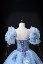Floral Tulle Long Evening Prom Dress, Blue Short Sleeve Evening Dress