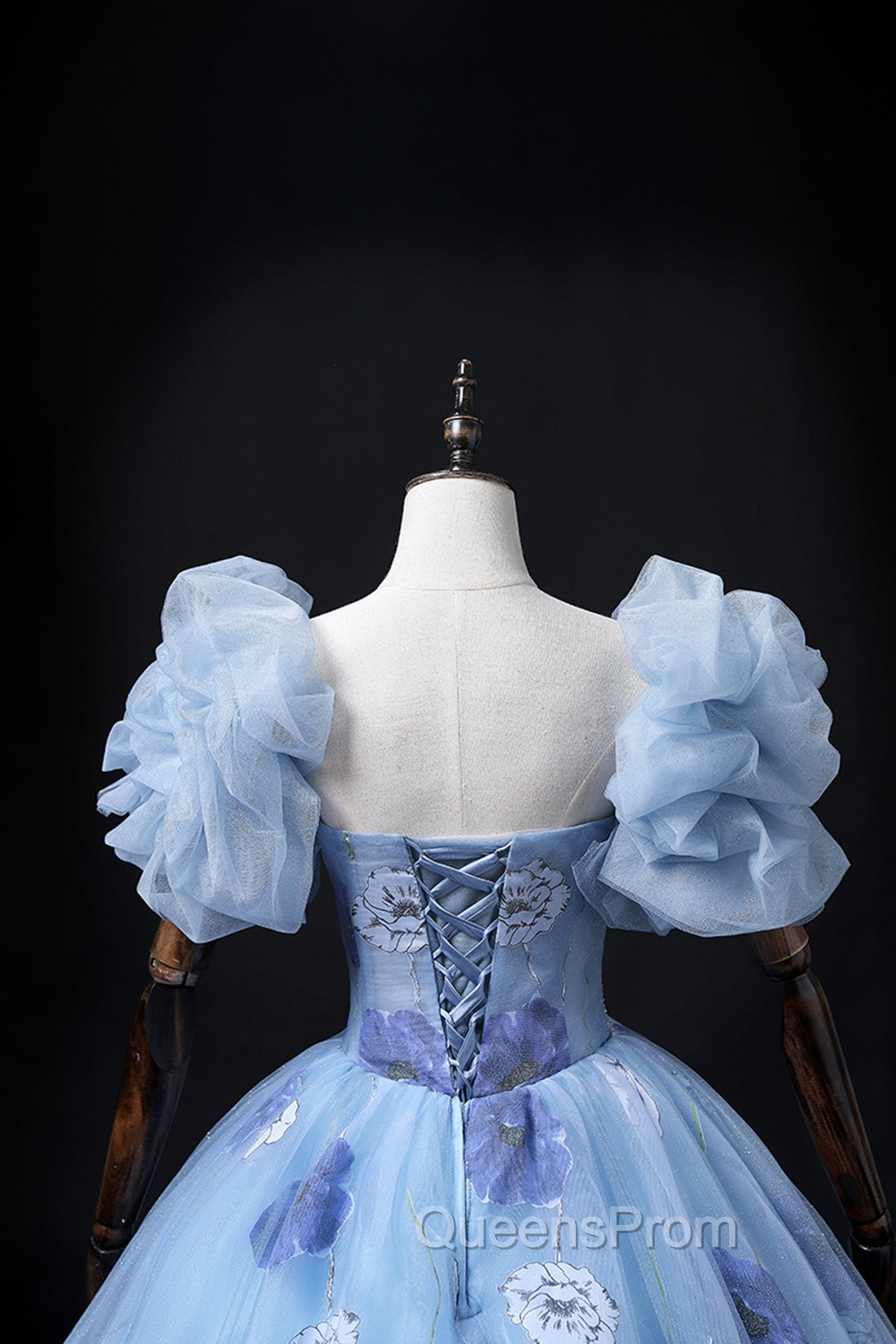 Floral Tulle Long Evening Prom Dress, Blue Short Sleeve Evening Dress