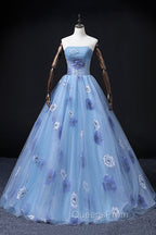 Floral Tulle Long Evening Prom Dress, Blue Short Sleeve Evening Dress