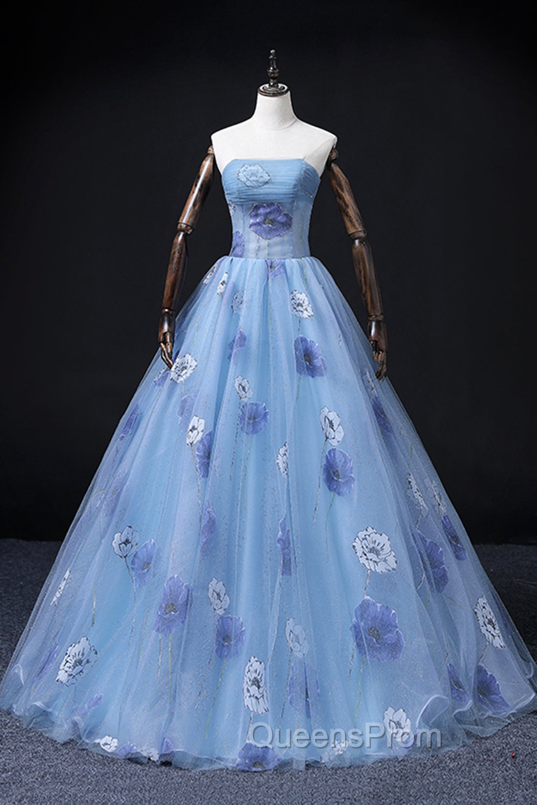 Floral Tulle Long Evening Prom Dress, Blue Short Sleeve Evening Dress