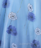 Floral Tulle Long Evening Prom Dress, Blue Short Sleeve Evening Dress