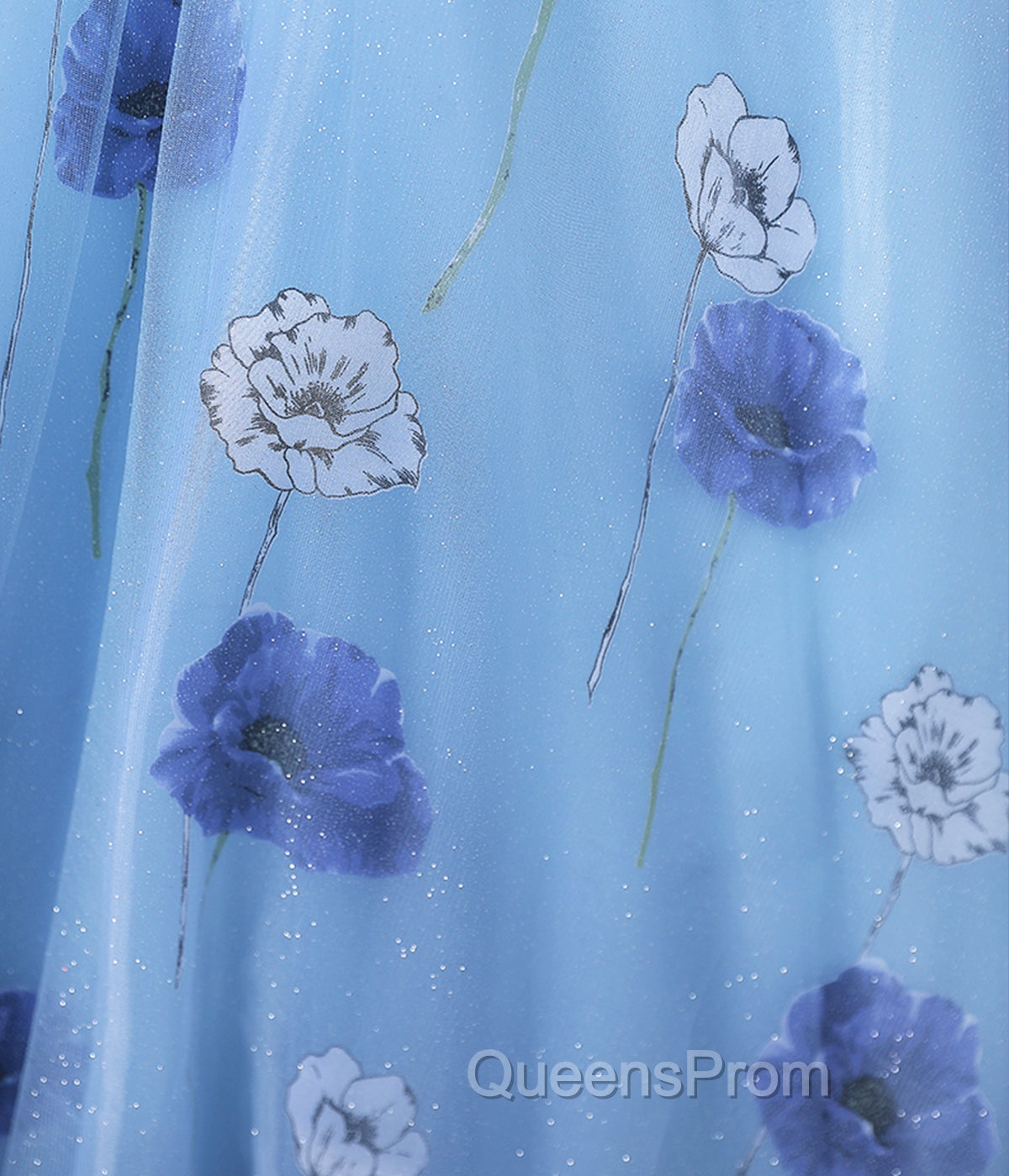Floral Tulle Long Evening Prom Dress, Blue Short Sleeve Evening Dress