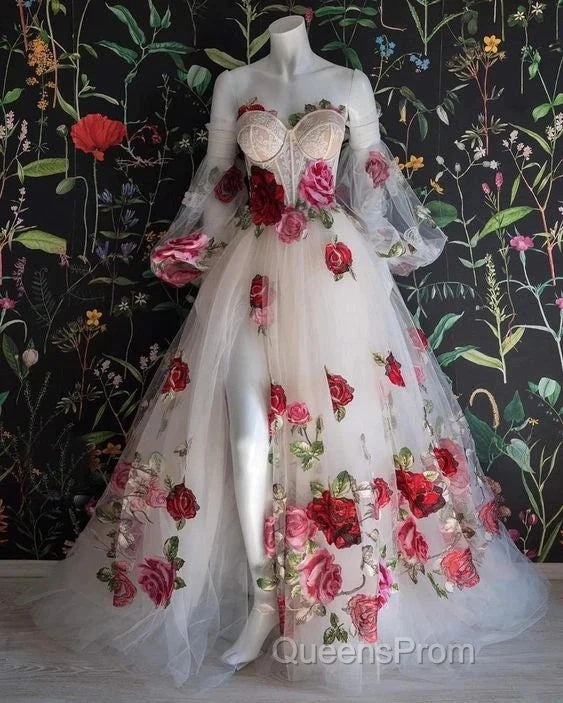 Flowers Appliques Princess A Line Champagne Evening Prom Dress With Slit