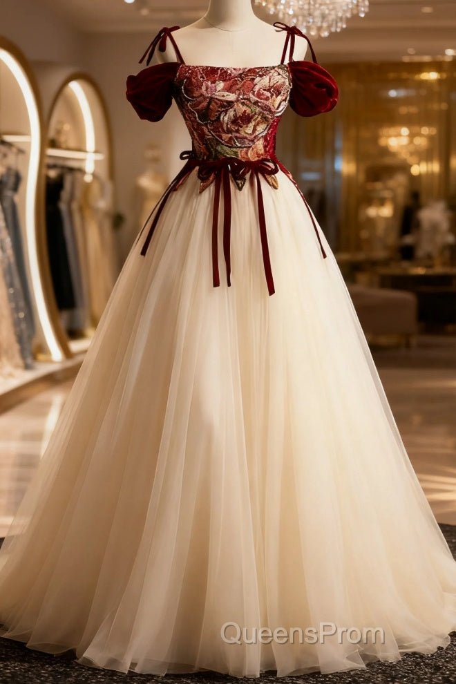 Flowers Champagne Long Tulle Evening Prom Dress with Straps Main image