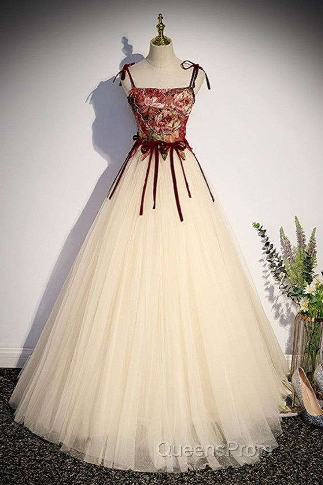 Flowers Champagne Long Tulle Evening Prom Dress with Straps Secondary image