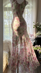 Flowing Chiffon Sequin Print Pink Irregular Skirt Classy Prom Dress