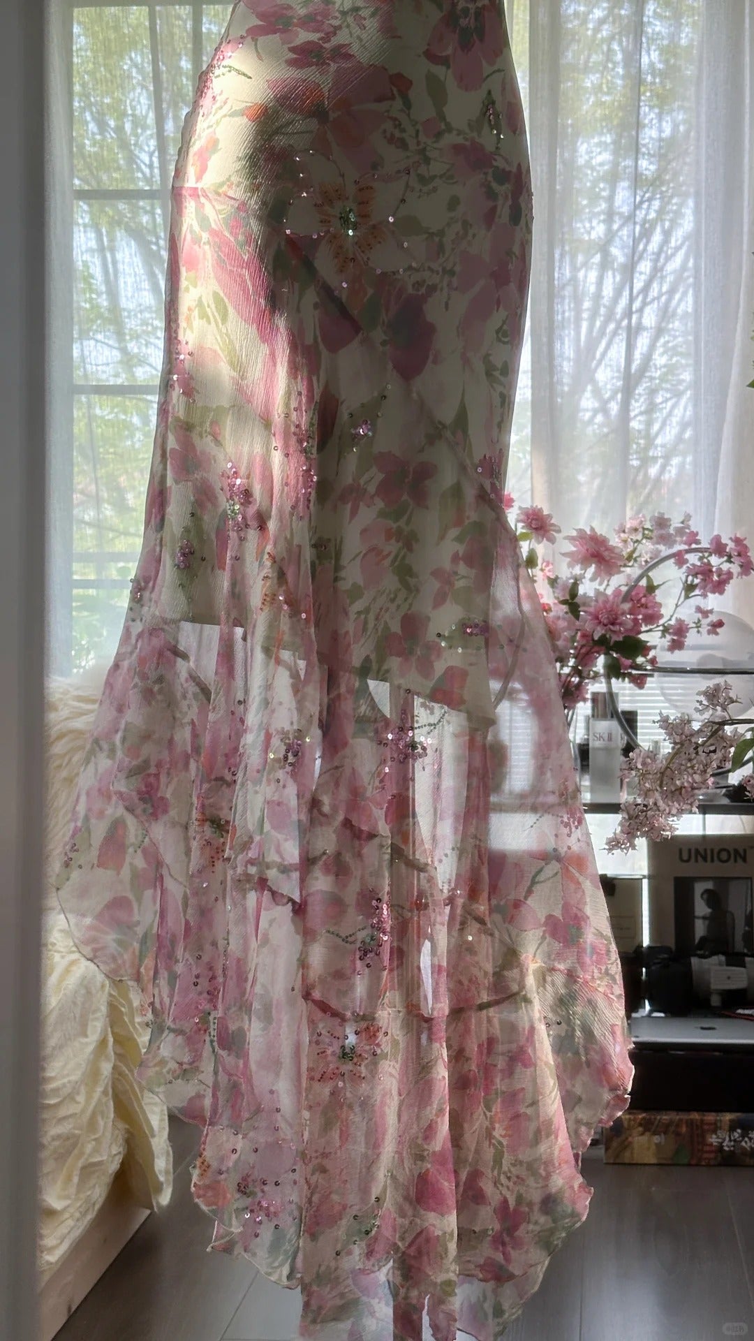 Flowing Chiffon Sequin Print Pink Irregular Skirt Classy Prom Dress