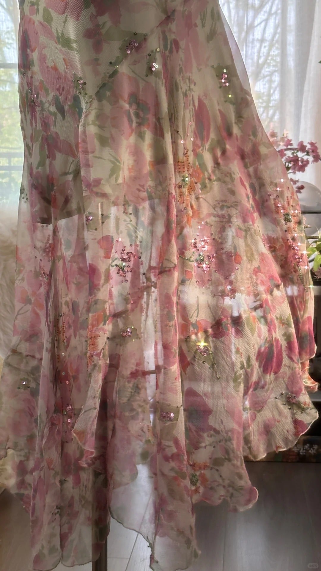 Flowing Chiffon Sequin Print Pink Irregular Skirt Classy Prom Dress