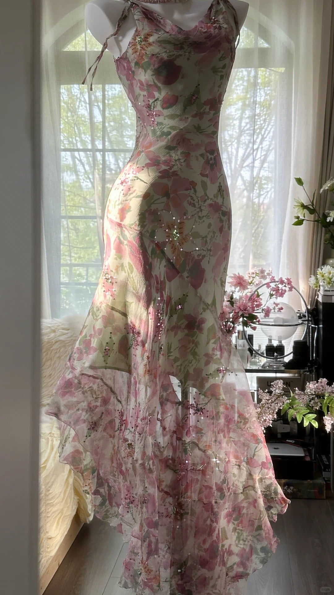 Flowing Chiffon Sequin Print Pink Irregular Skirt Classy Prom Dress