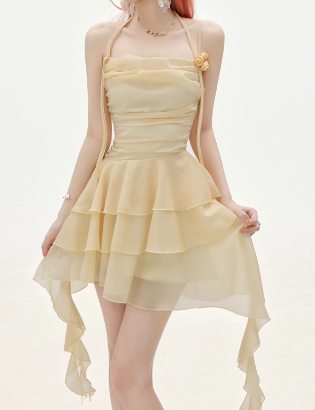Flowy A Line Halter Layered Yellow Chiffon Open Back Short Homecoming Dress Cocktail Dress Secondary image